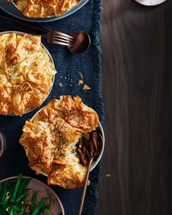 Lamb filo pot pie with feta skordalia