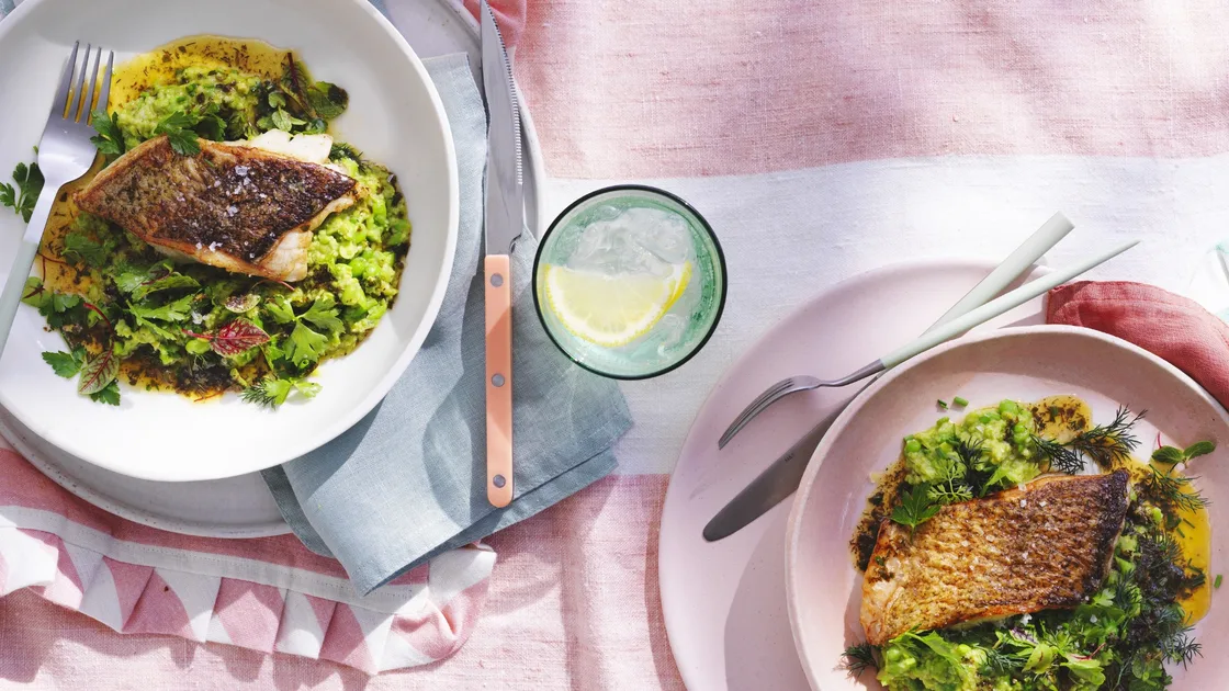 Pan-fried Murray cod with pea and artichoke purée
