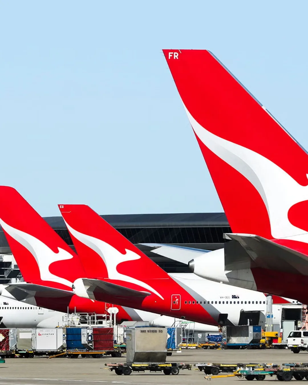 A fleet of Qantas planes on the tarmac 