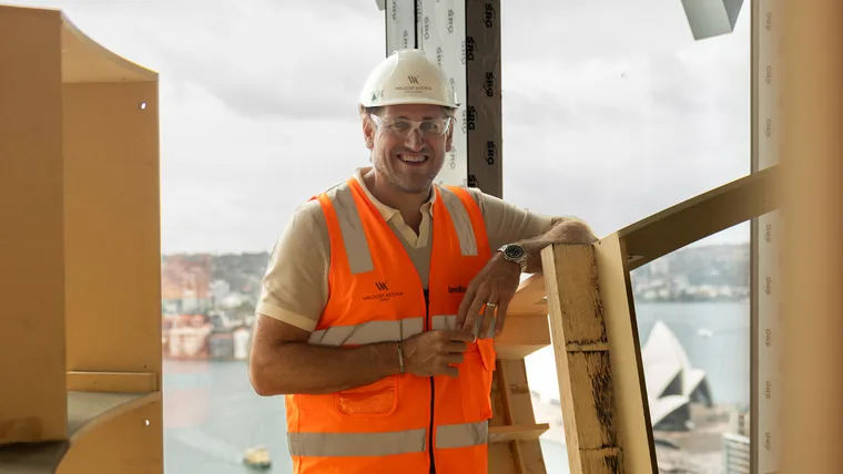 Chef Curtis Stone at the Waldorf Astoria construction site overlooking Sydney Harbour