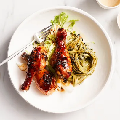 Sticky ginger chicken drumsticks with green tea noodles