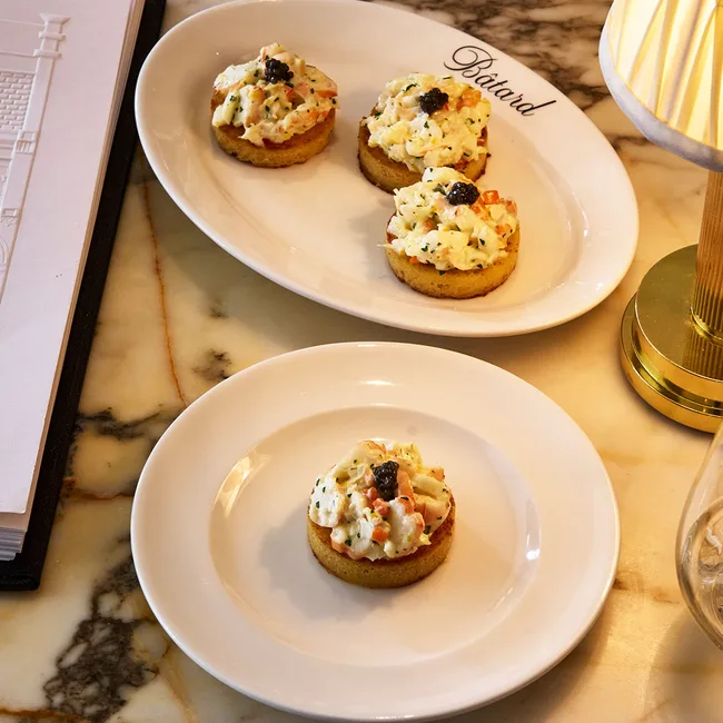 Maison B&acirc;tard's king prawn crumpets with Marie Rose sauce