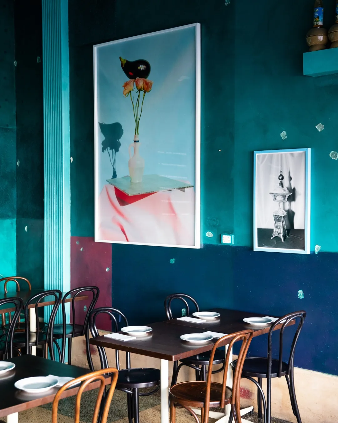 Shades of blue and peach dominate the interior design 