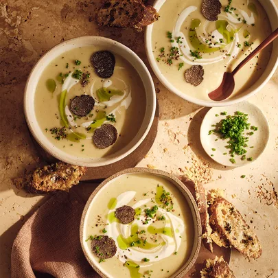 Potato and leek soup with goat’s cheese cream