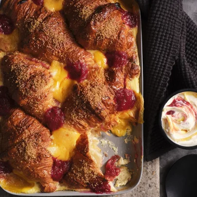 Rhubarb and lemon croissant pudding