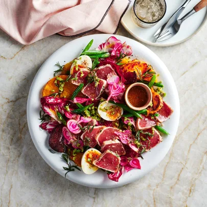 Seared tuna and radicchio salad with pumpkin and pickled beetroot