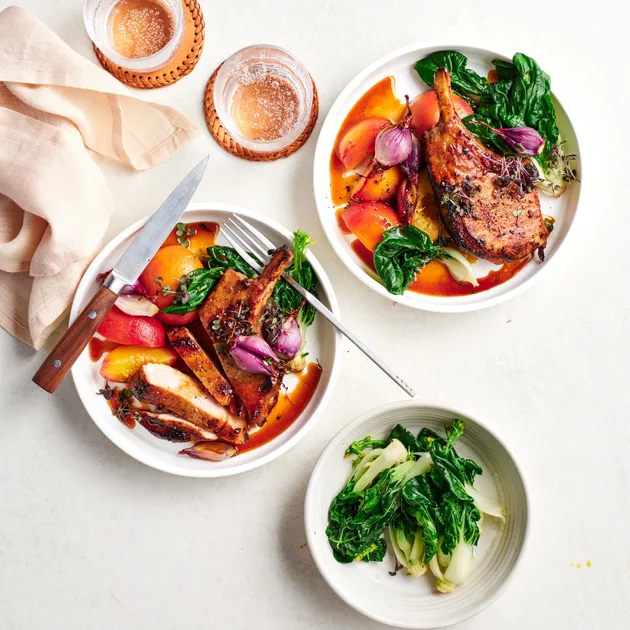 Soy and Chinese hot mustard pork cutlets with roasted peaches