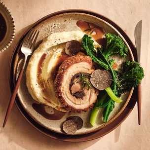 Black garlic porcini truffle Manchego porchetta