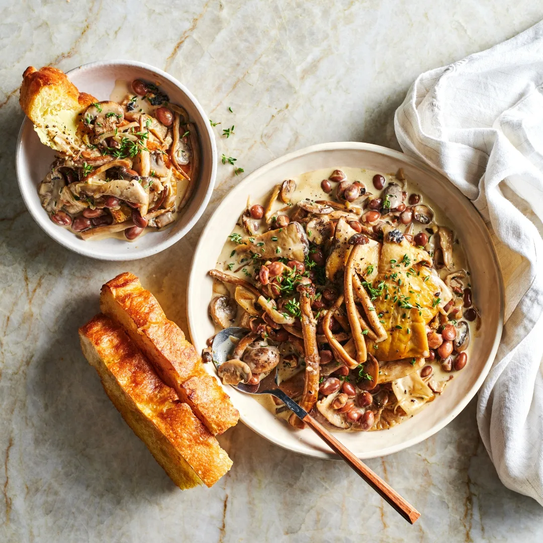 Borlotti bean and mushroom boscaiola with lemon butter