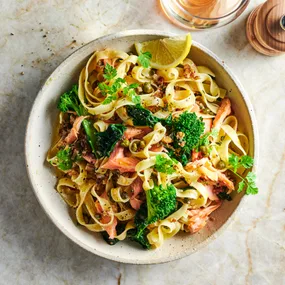 Smoked trout tagliatelle with orange, pecans and capers