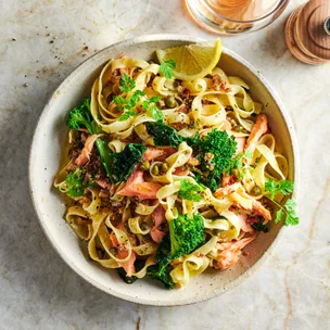 Smoked trout tagliatelle with orange, pecans and capers