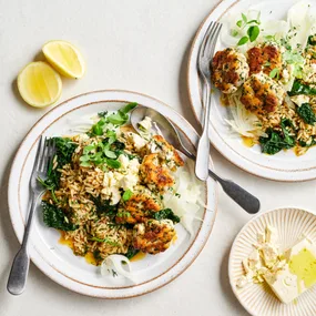 Barramundi fish cakes with spanakorizo orzo