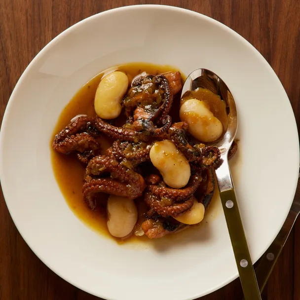 Bistro Livi&rsquo;s braised baby octopus and butter beans with saffron and paprika sauce