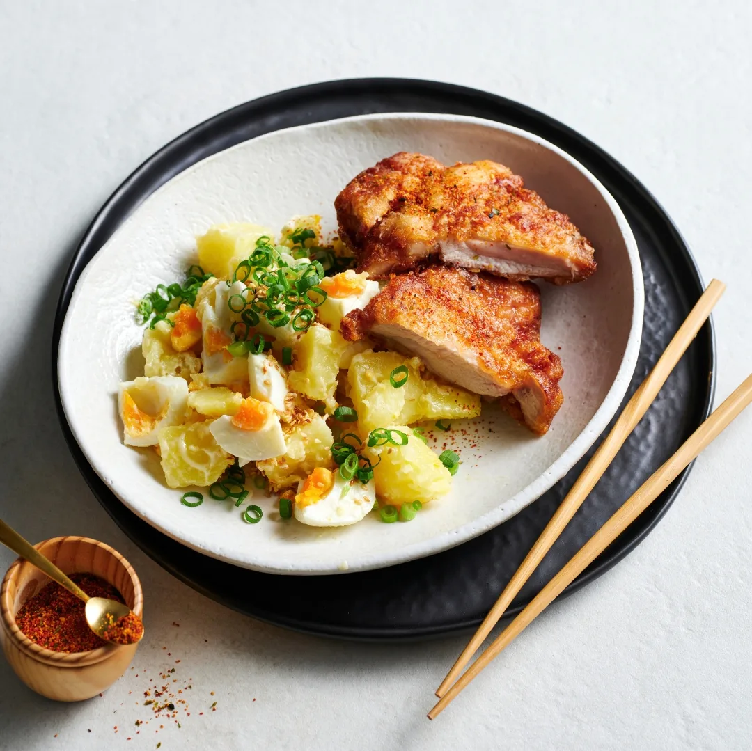 Crisp chicken joined by Japanese potato and egg salad