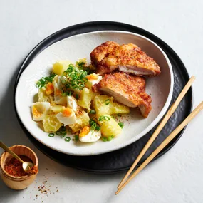 Crisp chicken joined by Japanese potato and egg salad