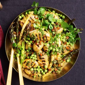 Pea, asparagus and charred potato salad