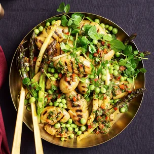 Pea, asparagus and charred potato salad