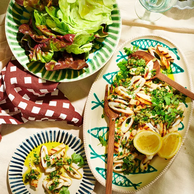 Trisha Greentree's grilled calamari with preserved lemon salsa verde
