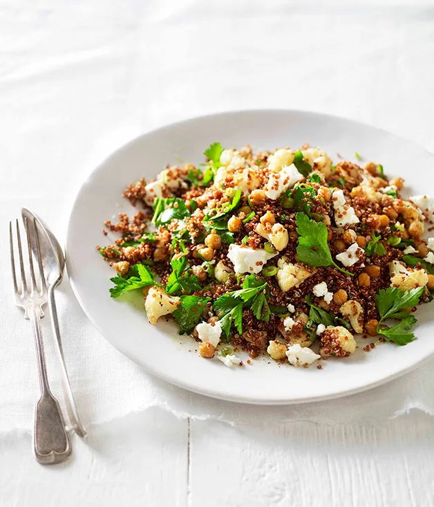 Warm roast cauliflower, chickpea and quinoa salad