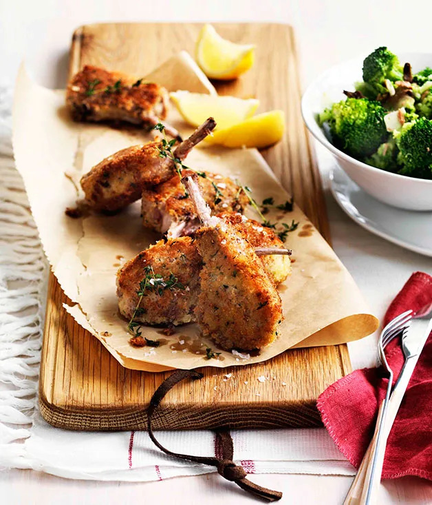 Parmesan-crumbed lamb cutlets with broccoli and anchovies