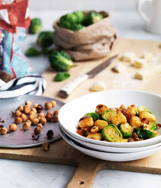 Gnocchi with Brussels sprouts, pancetta and hazelnuts