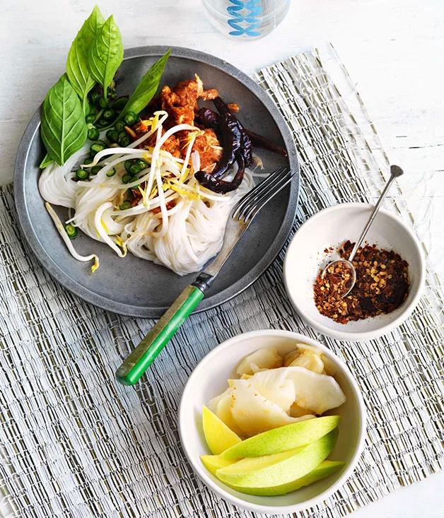 Kanom jeen nahm yaa gai (noodles with fish curry and shredded chicken)