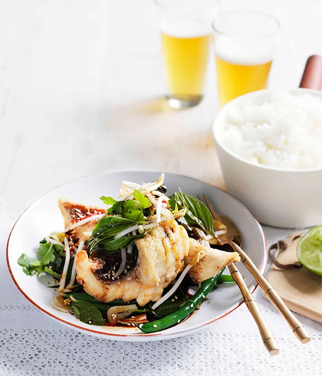 Crisp snapper and snake bean salad with Thai basil, soy and ginger