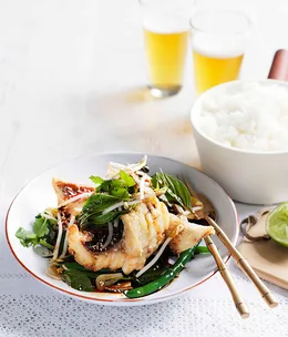 Crisp snapper and snake bean salad with Thai basil, soy and ginger