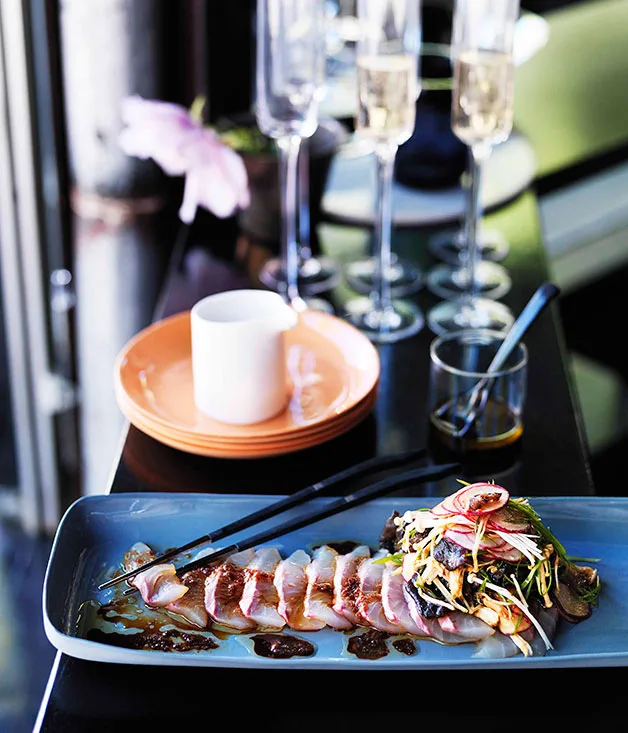 Bar H: Sashimi of striped trumpeter with mushrooms and ginger, horseradish and soy dressing