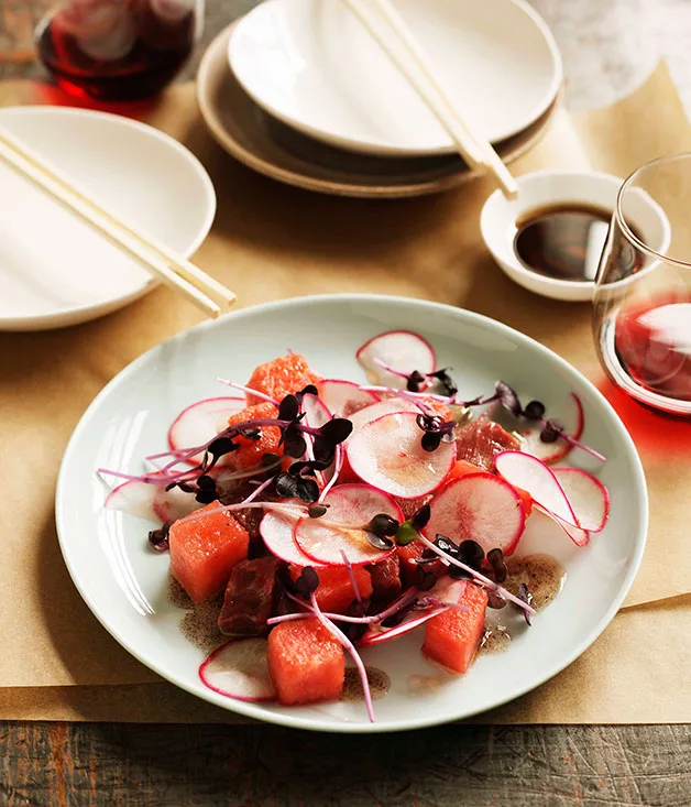 Flat-iron steak with watermelon and red cabbage