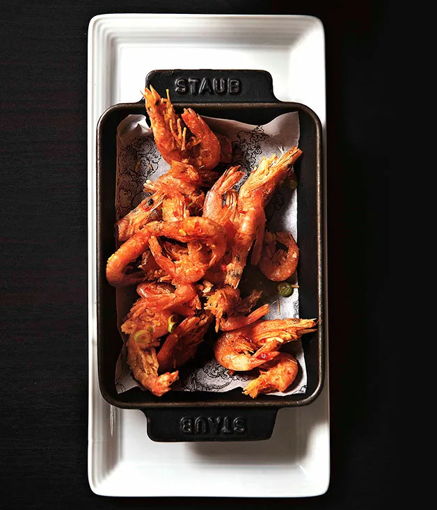 Crisp school prawns saut&eacute;ed with chilli and garlic