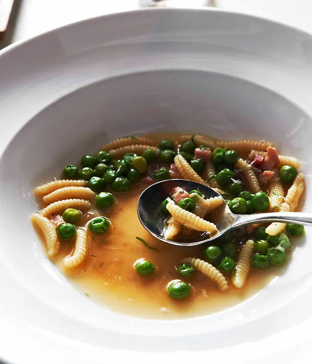 Rockpool Bar & Grill: Pea, bacon and chilli broth with gnocchetti