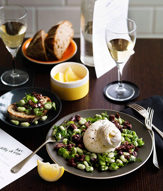 Love, Tilly Devine: Burrata with broad bean sott’olio and black olive paste