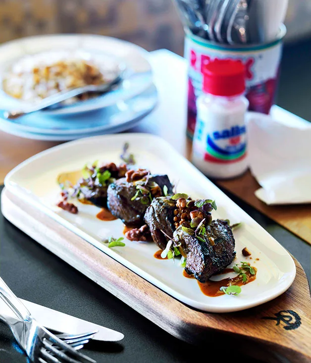 Beef rump with Lebanese seven-spice and soy-tahini dressing