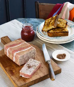 Pheasant and ham hock terrine with rhubarb-apple chutney
