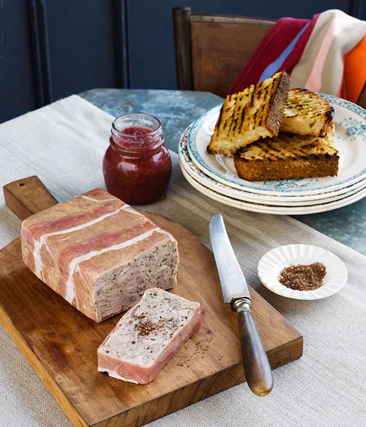 Pheasant and ham hock terrine with rhubarb-apple chutney