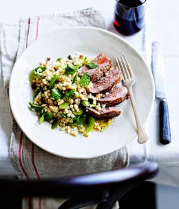 Sella di agnello e insalata di fregola e olive bosane (lamb rump with fregola and olive salad)