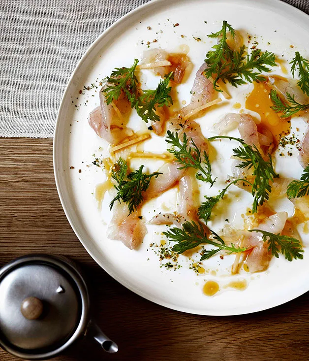 Andrew McConnell: John Dory, sea lettuce salt, sesame dressing and chrysanthemum