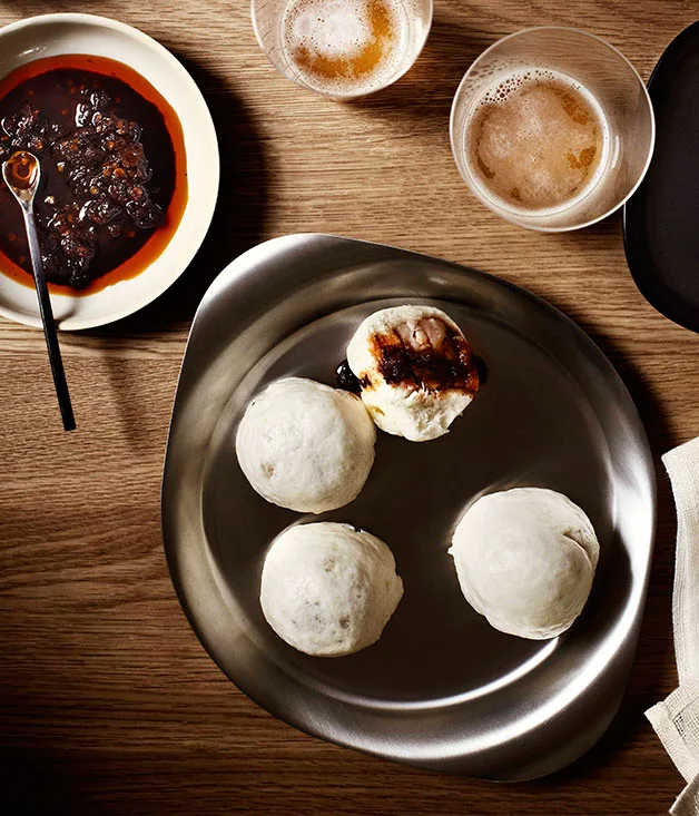 Steamed pork dumplings with Shanghai chilli vinegar