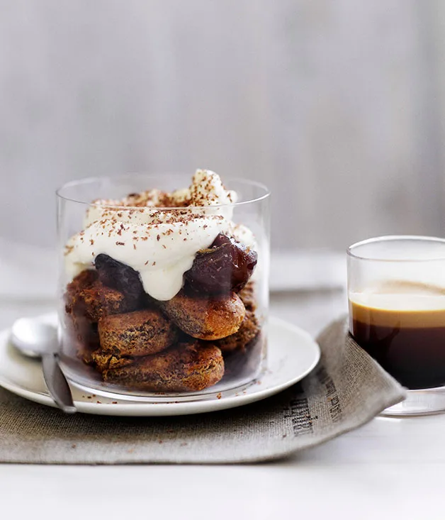 Coffee-soaked savoiardi with Kahlua cream and brown butter dates