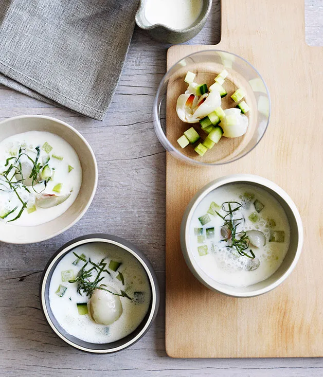 Apple and sour-cream soup with cucumber, mint and lychees
