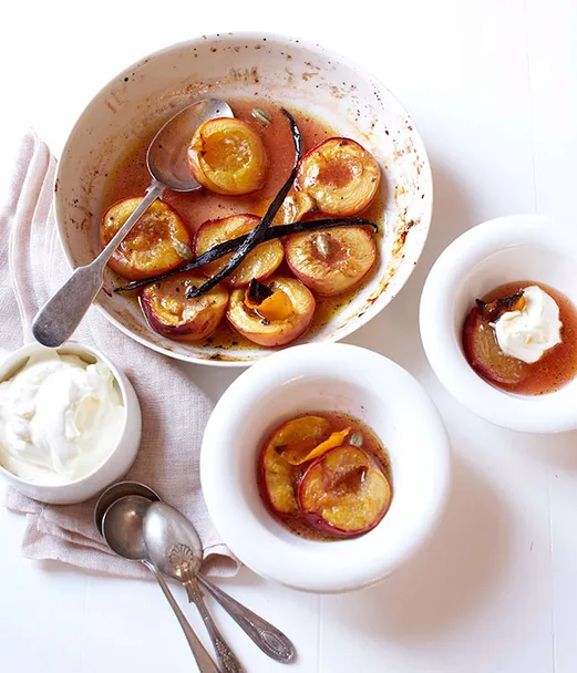 Honey-baked nectarines with orange-blossom and labne