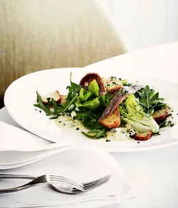 Cos and rocket salad with anchovies and sauce gribiche