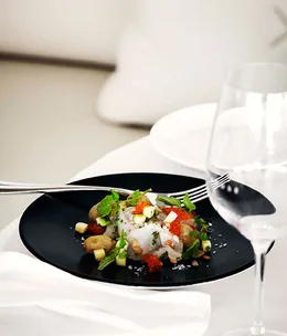 Kingfish ceviche with salted grapes, zucchini and verjuice dressing