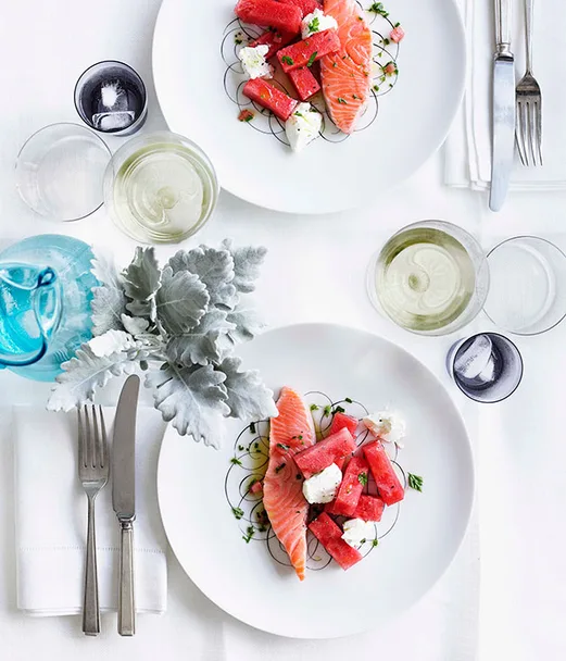 Confit salmon with watermelon, labne and sauce vierge