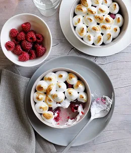 Raspberries with eucalyptus meringue