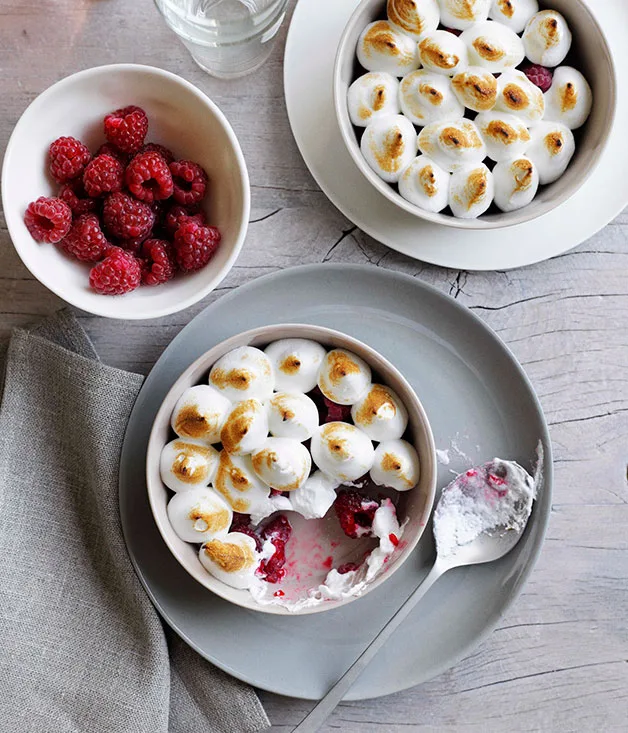 Raspberries with eucalyptus meringue