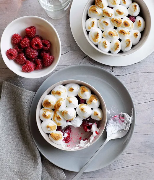 Raspberries with eucalyptus meringue