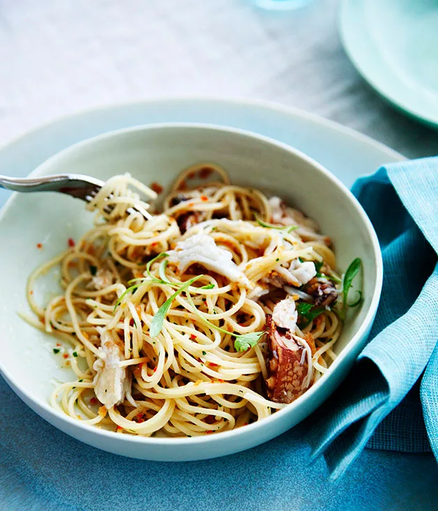 Spaghettini with Hawkesbury mud crab, garlic, chilli, lemon and parsley