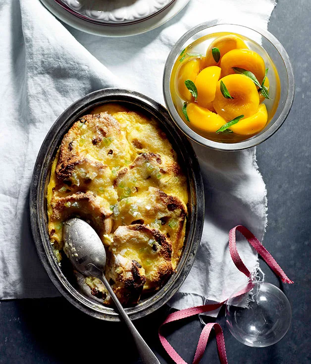 Philippa Sibley: Panettone bread and butter pudding with poached peaches